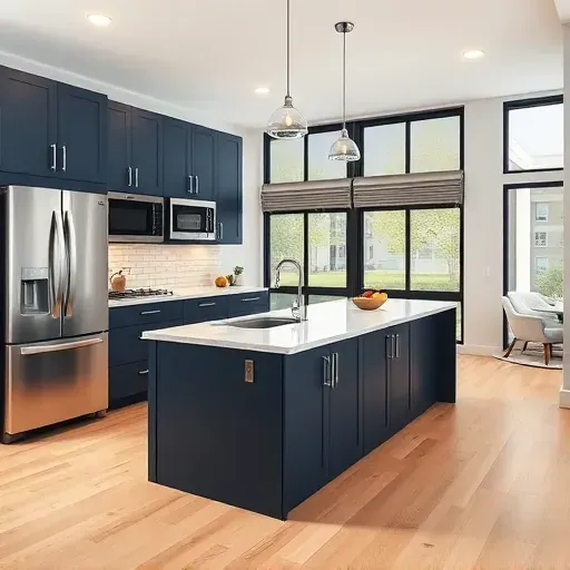 Modern renovated kitchen with navy blue cabinets, quartz countertops, stainless steel appliances,Pendant lighting and hardwood flooring