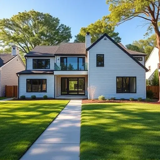 Beautiful modern home addition in Hyattsville MD with energy-efficient windows, sleek siding, landscaped yard, and contemporary design