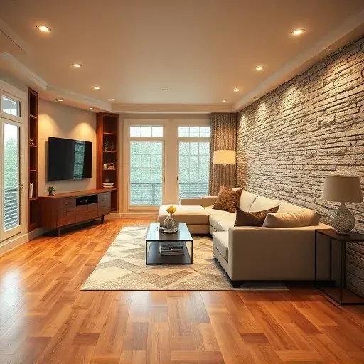 Completed modern basement remodel in Hyattsville MD with hardwood floors, neutral sofa, built-in shelves, flat-screen TV, and stone walls