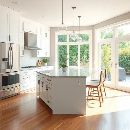 Modern remodeled kitchen with white cabinetry, granite island, stainless steel appliances, and natural light streaming in.