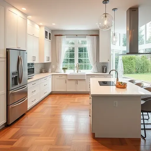 Renovated modern kitchen in Laurel Maryland with sleek cabinetry quartz countertops stainless steel appliances hardwood floors and natural light