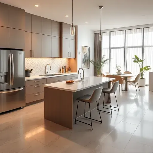 Recently remodeled Bowie MD kitchen with sleek matte cabinets, stainless steel appliances, quartz counter, stylish backsplash, large island, and natural daylight