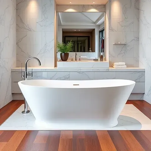 Freshly installed porcelain bathtub in a modern Hyattsville bathroom with marble tiles chrome fixtures hardwood flooring and subtle ambient lighting