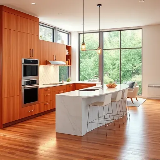 Finished modern kitchen in Forestville MD with warm wood cabinetry marble island stainless steel appliances and natural light