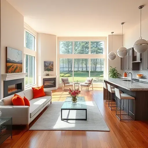 Modern open-concept living space in Hyland Hills MD with hardwood floors, stylish kitchen, and serene ambiance.