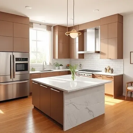 Renovated Riverdale Park kitchen with matte cabinetry granite island stainless steel appliances and natural lighting