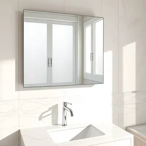 Perfectly installed frameless bathroom mirror in a modern Hyattsville upscale bathroom with marble vanity and metallic fixtures