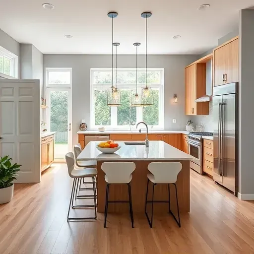 Remodeled modern kitchen in Alexandria VA featuring stainless steel appliances, quartz countertops, and custom cabinetry.