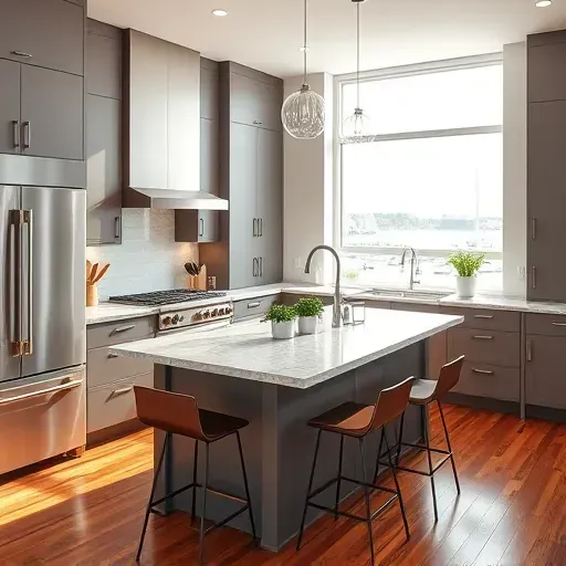 Renovated Annapolis kitchen with matte cabinets stainless steel appliances granite island herbs and scenic harbor view