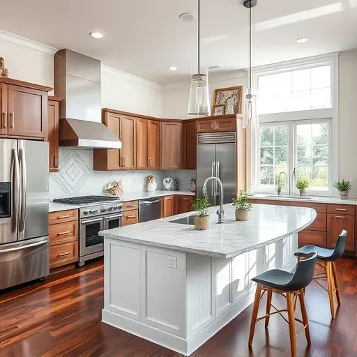 Stylish modern kitchen in Odenton MD with high-end appliances, custom cabinetry, and elegant granite countertops.
