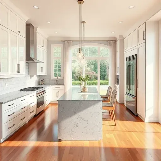 Elegant kitchen remodel in Mount Rainier MD features sleek white cabinetry, stone countertops, and stainless steel appliances.