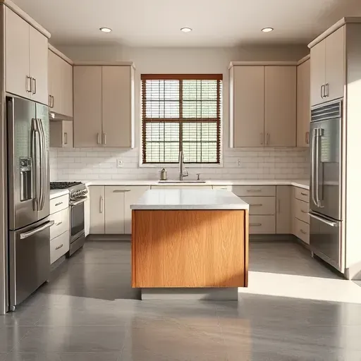 Glen Burnie MD modern kitchen with matte cabinetry stainless steel appliances quartz countertops subway tile backsplash wooden island gray porcelain flooring natural light