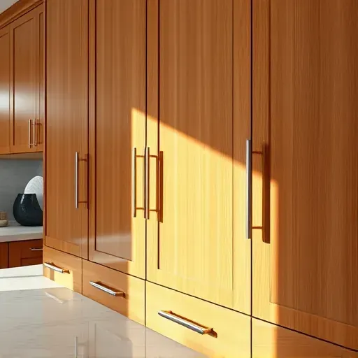 Refinished kitchen cabinet in Hyattsville MD with smooth wood finish, modern brushed nickel hardware, and ambient natural light