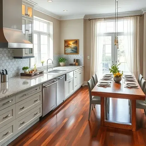 Modern kitchen remodel in Hyland Hills MD featuring glossy cabinetry, stainless steel appliances, and polished granite countertops.