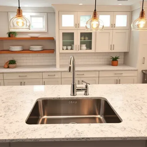 Completed stainless steel farmhouse kitchen sink installation in Hyattsville Maryland with granite countertops and stylish backsplash