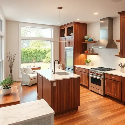 Modern kitchen remodeling in Annapolis MD with quartz countertops, farmhouse sink, and warm lighting accents.