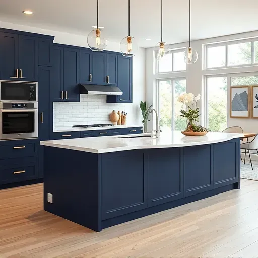 Recently remodeled Hyattsville MD kitchen with navy blue cabinets, quartz waterfall island, stainless steel appliances, hardwood floors, and large windows