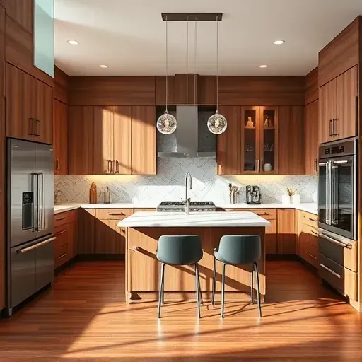 Renovated Bethesda kitchen with granite countertops stainless steel appliances wooden cabinetry hardwood floors pendant lights marble island backsplash modern accessories