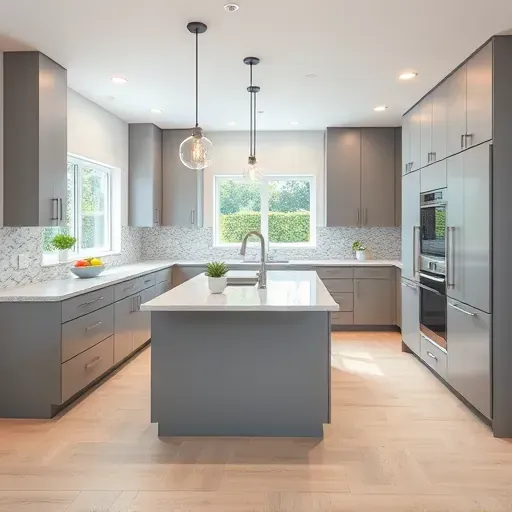Remodeled Greenbelt MD kitchen with matte gray cabinets stainless steel appliances quartz counters island pendant lighting lush backyard view
