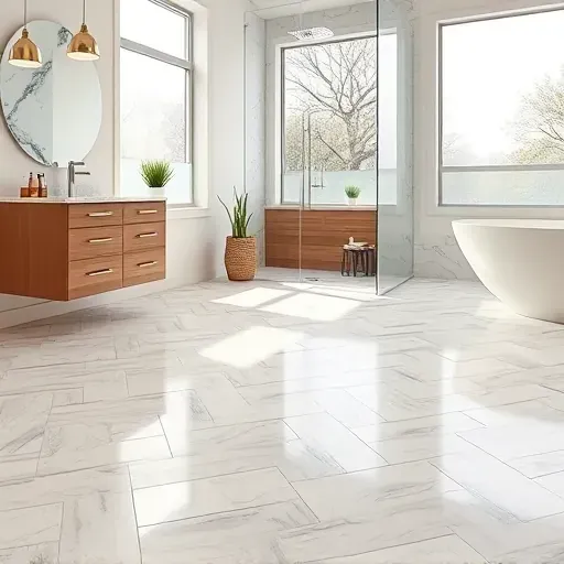 Finished bathroom flooring with polished ceramic herringbone tiles, modern fixtures, and natural light in Hyattsville MD