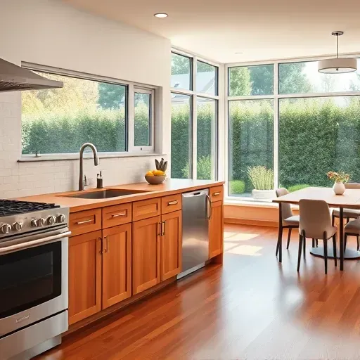 Modern kitchen remodel in Hyattsville MD with warm wood cabinetry, stainless steel appliances, and bright natural light.