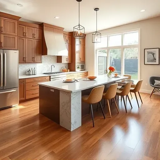 Modern kitchen remodel in Temple Hills MD with sleek cabinetry, stainless steel appliances, granite island, and elegant decor.