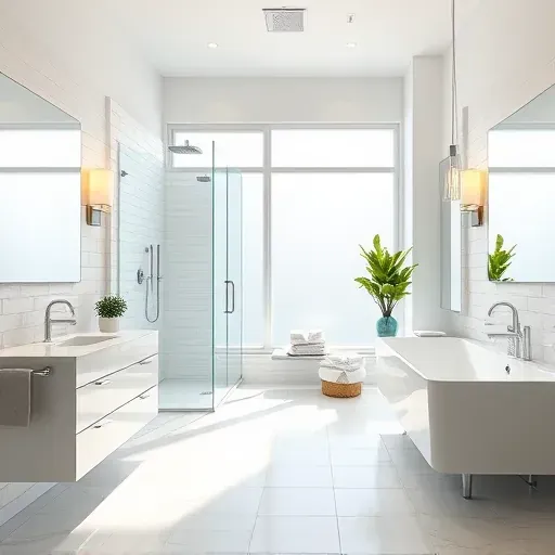Bright modern bathroom in Hyattsville with walk-in shower, floating vanity, soaking tub, chrome hardware, and neutral tones