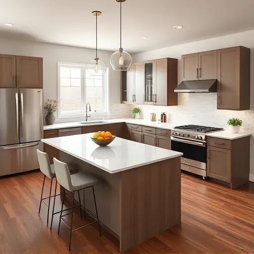 Remodeled Baltimore kitchen with modern cabinetry, quartz countertops, and an open dining area filled with natural light.