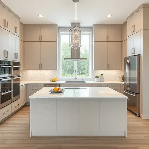 Remodeled Oxon Hill Maryland kitchen with matte modern cabinets stainless steel appliances marble island pendant lighting geometric backsplash neutral walls natural light