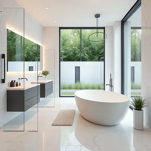 Modern bathroom in Hyattsville with glass walk-in shower, marble tiles, freestanding tub, contemporary vanity, and natural light