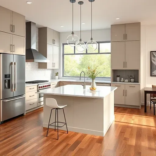 Renovated Suitland MD kitchen with sleek matte cabinets stainless steel appliances marble island hardwood floors bright natural light