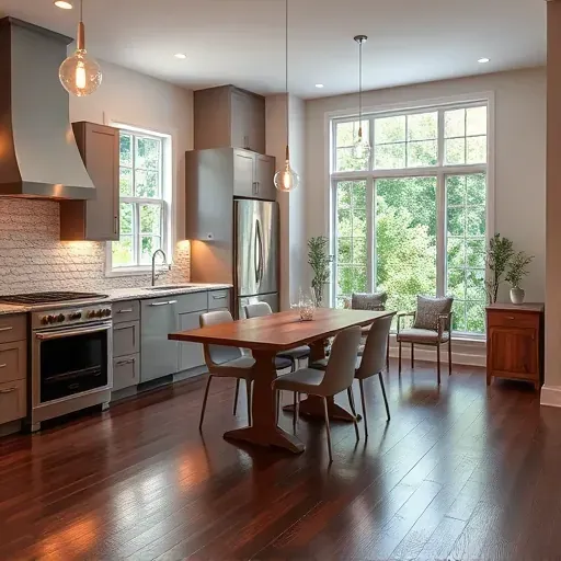 Modern kitchen remodeling in Clinton MD featuring stainless steel appliances, granite countertops, ambient lighting, and hardwood floors.