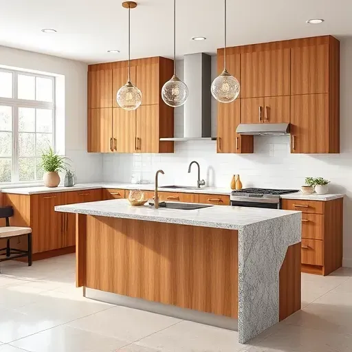 Renovated Takoma Park kitchen with modern wood cabinets stainless steel appliances granite island natural light white walls and stylish backsplash