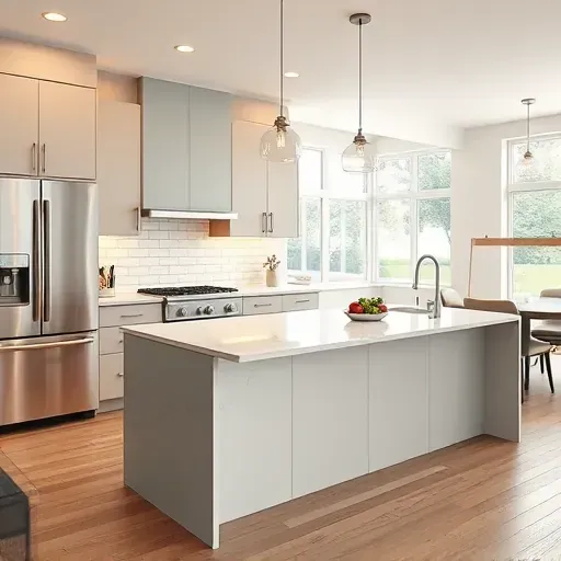 Recently remodeled kitchen in Hyattsville MD showcasing modern cabinetry quartz island and stainless steel appliances.