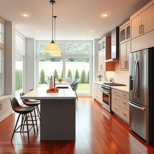 Beautiful renovated Hyattsville kitchen with modern matte cabinetry quartz countertops subway tile backsplash island wine rack hardwood floors natural light