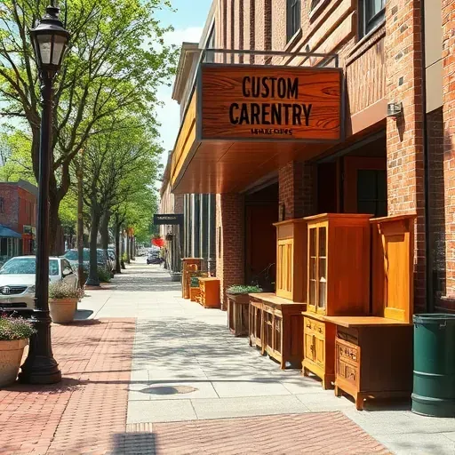 Custom carpentry workshop in Hyattsville MD with wooden accents, handcrafted furniture display, and welcoming neighborhood scene