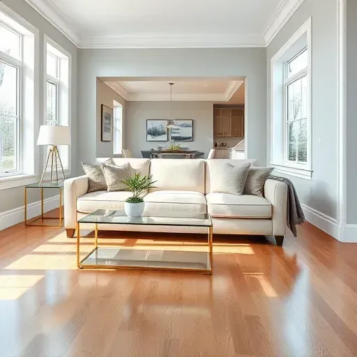 Modern living room in Hyattsville MD with light-gray walls, white crown molding, beige sofa, hardwood floors, and large windows