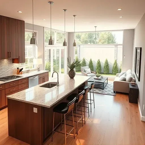 Modern kitchen remodel in Gaithersburg MD with granite countertops, stainless appliances, and rich wood cabinetry.