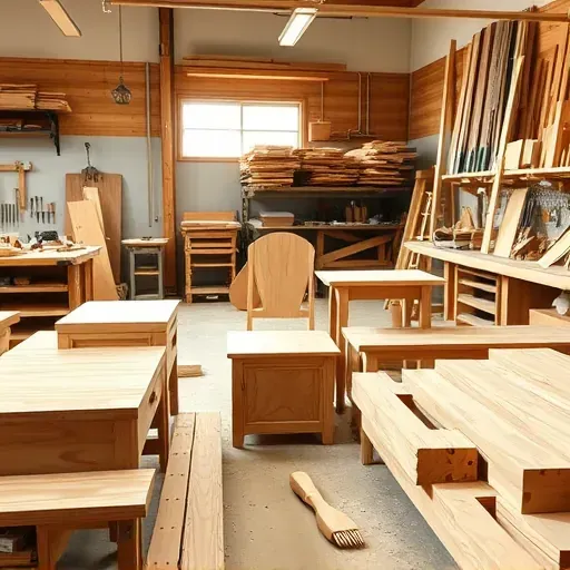 Detailed woodworking project with precision-cut wood, finished furniture, intricate joinery in a professional carpentry shop