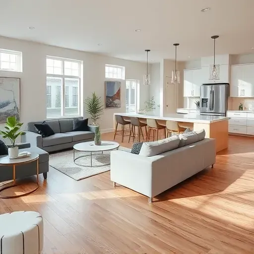 Modern College Park MD remodeling project with open living area, hardwood floors, sleek furniture, and inviting kitchen.