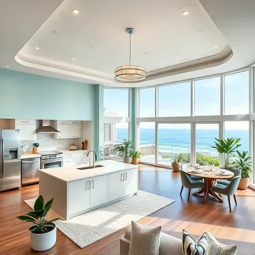 Elegant open-concept living space in Jupiter FL with coastal charm, modern kitchen, and panoramic windows showcasing views.