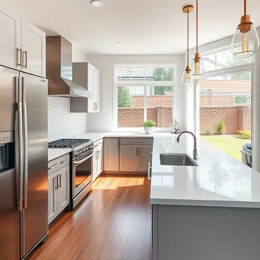 Remodeled Oxon Hill kitchen with quartz counters stainless steel appliances stylish backsplash custom cabinetry hardwood floors and landscaped view