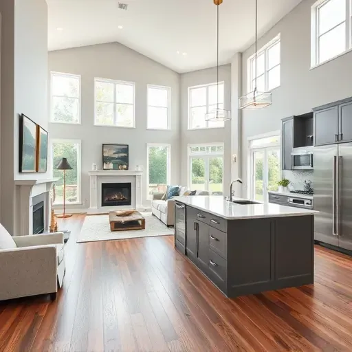A beautifully remodeled open-concept living space in Annapolis with modern kitchen, cozy fireplace, and scenic views.