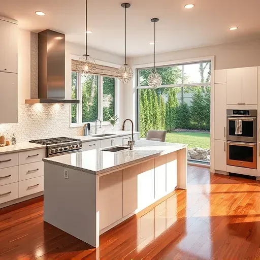 Remodeled kitchen in College Park MD with sleek white cabinetry, stainless steel appliances, and granite island under pendant lights.