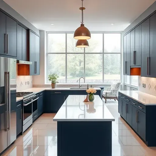 Remodeled Mclean VA kitchen with navy blue cabinets natural wood accents quartz countertops stainless steel appliances large windows and modern lighting