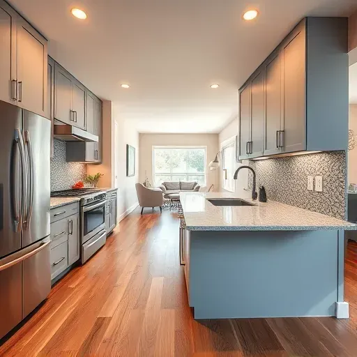 Modern kitchen remodel in Severn, MD featuring sleek cabinetry, granite countertops, and stainless steel appliances, with natural light.