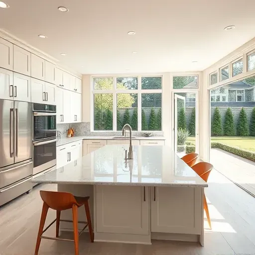 Modern kitchen remodel in Oxon Hill MD featuring sleek cabinetry, marble countertops, integrated appliances, and ample natural light.