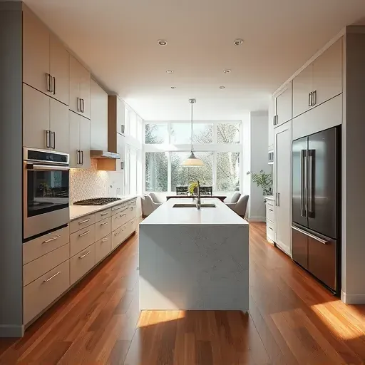 Recently remodeled modern kitchen in Hyattsville MD with matte neutral cabinets stainless steel appliances marble island geometric backsplash hardwood floors large windows open layout