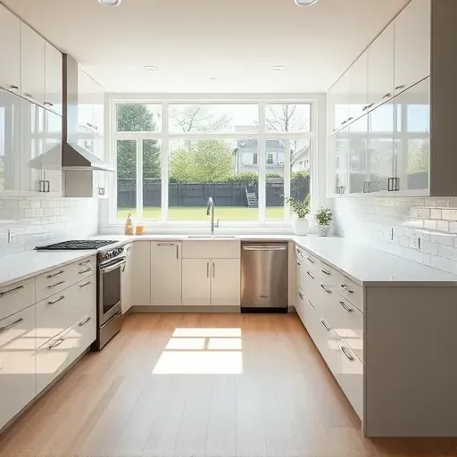 Remodeled Fairfax VA kitchen with modern cabinetry quartz countertops subway tile backsplash stainless steel appliances hardwood floors and large windows