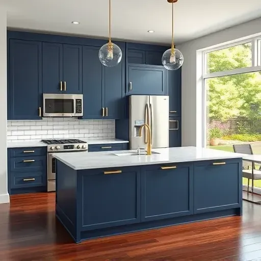 Completed kitchen remodel in Baltimore with navy blue cabinetry, quartz island, brass lighting, and natural light.